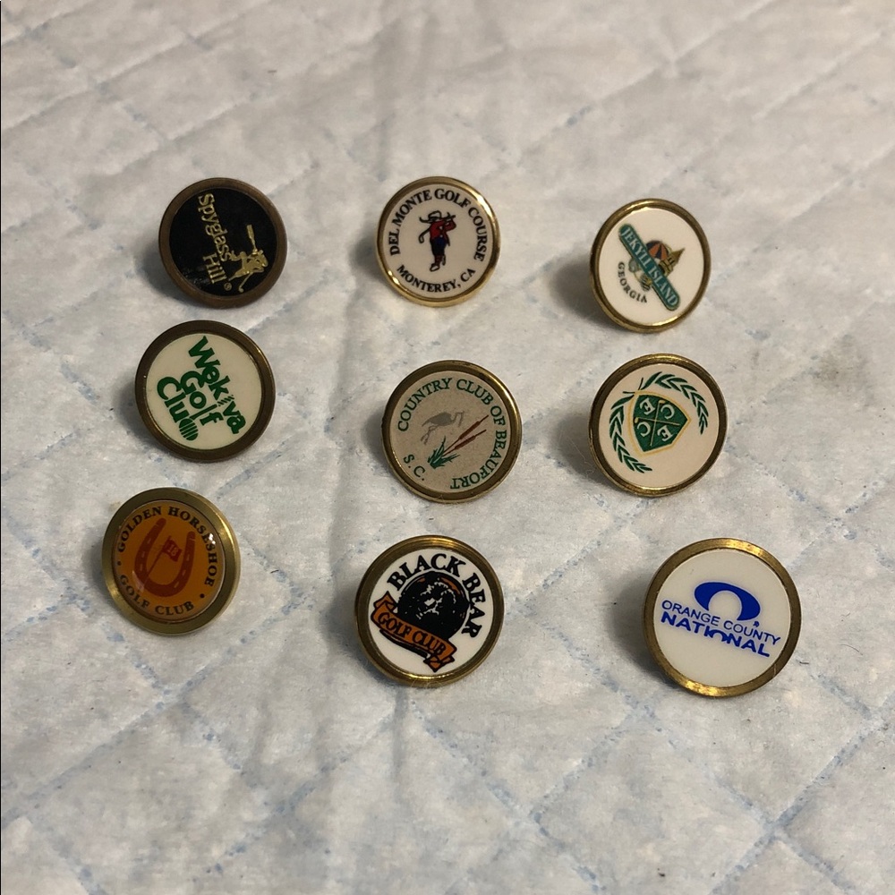 Vintage Golf Hat Pins - Assorted Club Logos (White, Green, Black, Gold, Blue)